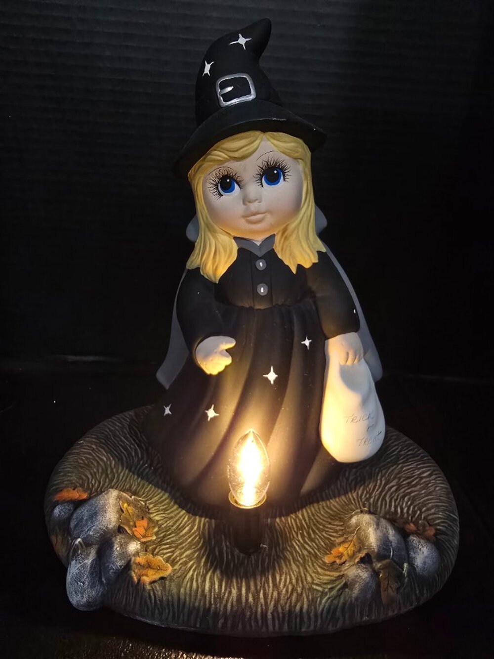 Vintage 1980's Hand Painted Halloween Ceramic Witch Trick or Treater w/Base